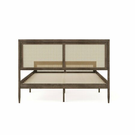Martha Stewart Jax Queen Size Solid Wood Platform Bed w/Rattan Headboard and Footboard, Brown Gray MG-090022-Q-WOAK-MS